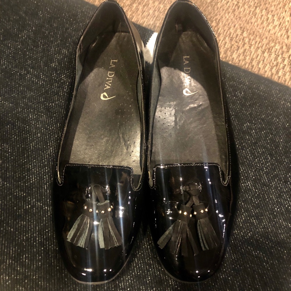 Black Patten Leather Smoking Loafers- La Diva